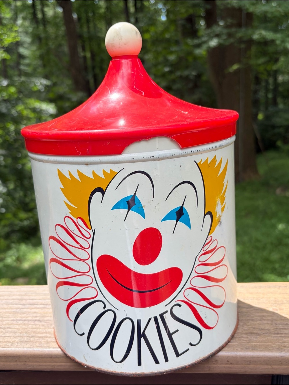 Vintage 1950s Clown Cookie Jar Tin Canister Decoware USA Red Dome Lid